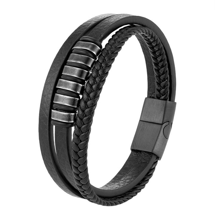 Buddha Stonesシンプル チタン鋼編み 3層レザーバックル カームブレスレット