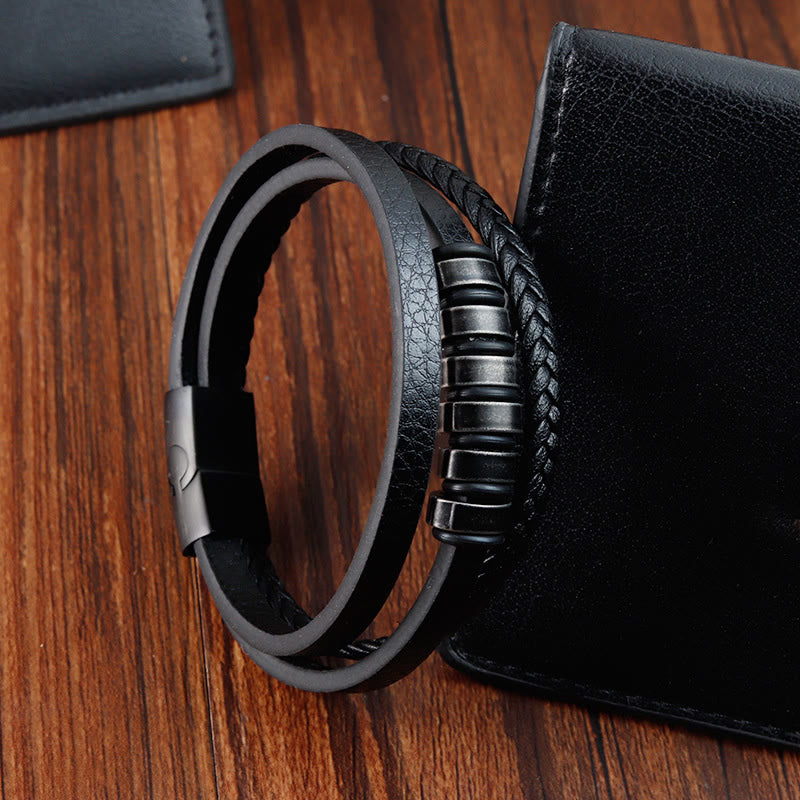 Buddha Stonesシンプル チタン鋼編み 3層レザーバックル カームブレスレット
