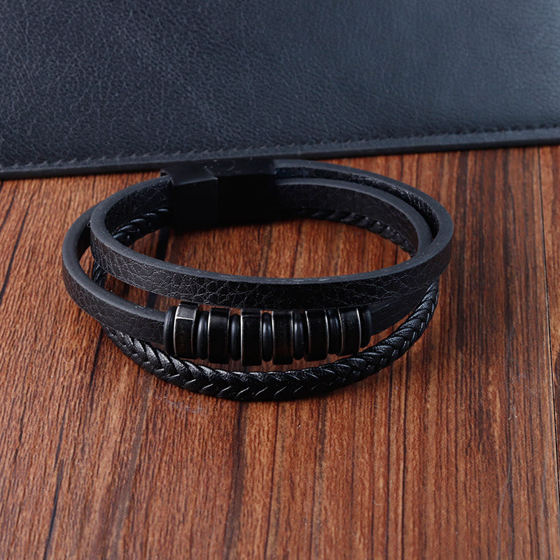 Buddha Stonesシンプル チタン鋼編み 3層レザーバックル カームブレスレット