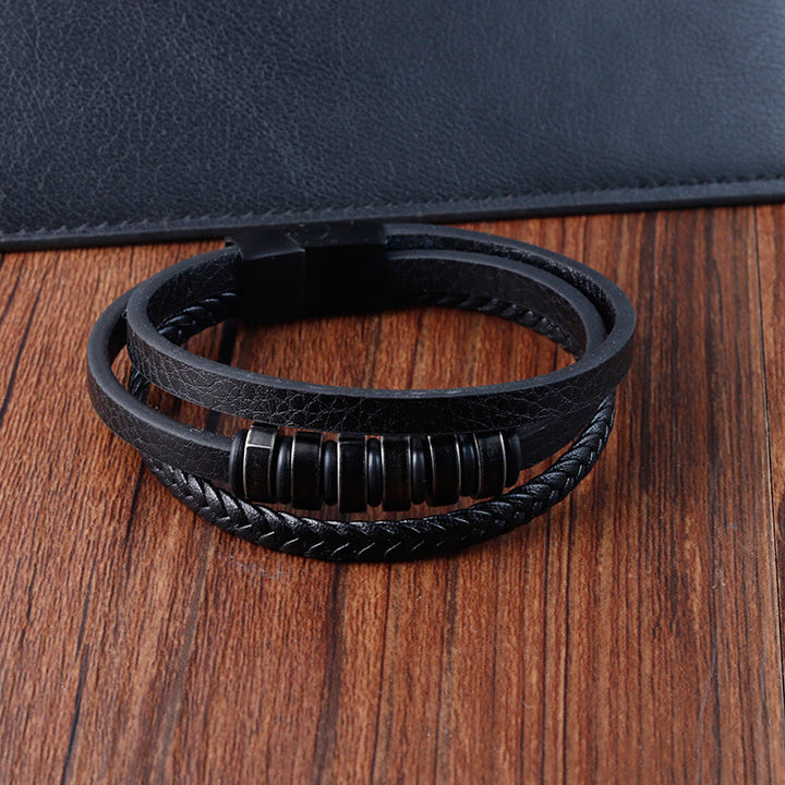 Buddha Stonesシンプル チタン鋼編み 3層レザーバックル カームブレスレット