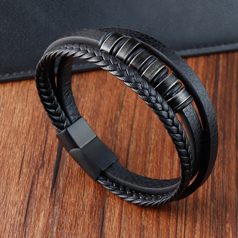 Buddha Stonesシンプル チタン鋼編み 3層レザーバックル カームブレスレット