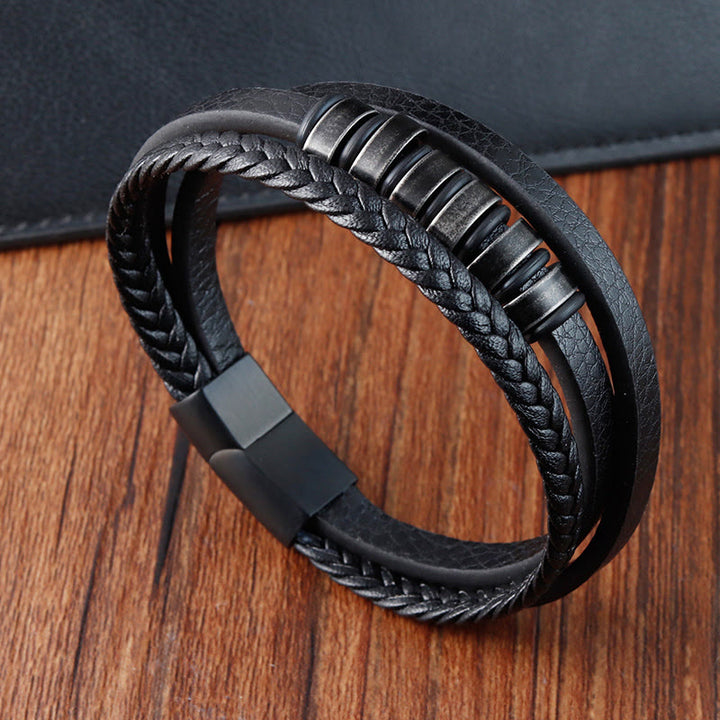 Buddha Stonesシンプル チタン鋼編み 3層レザーバックル カームブレスレット