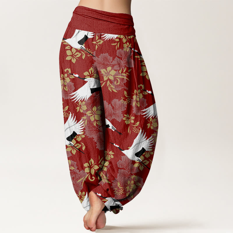 Buddha Stonesカジュアルフライングクレーン桜柄レディース伸縮性ウエストハーレムパンツ - image 3