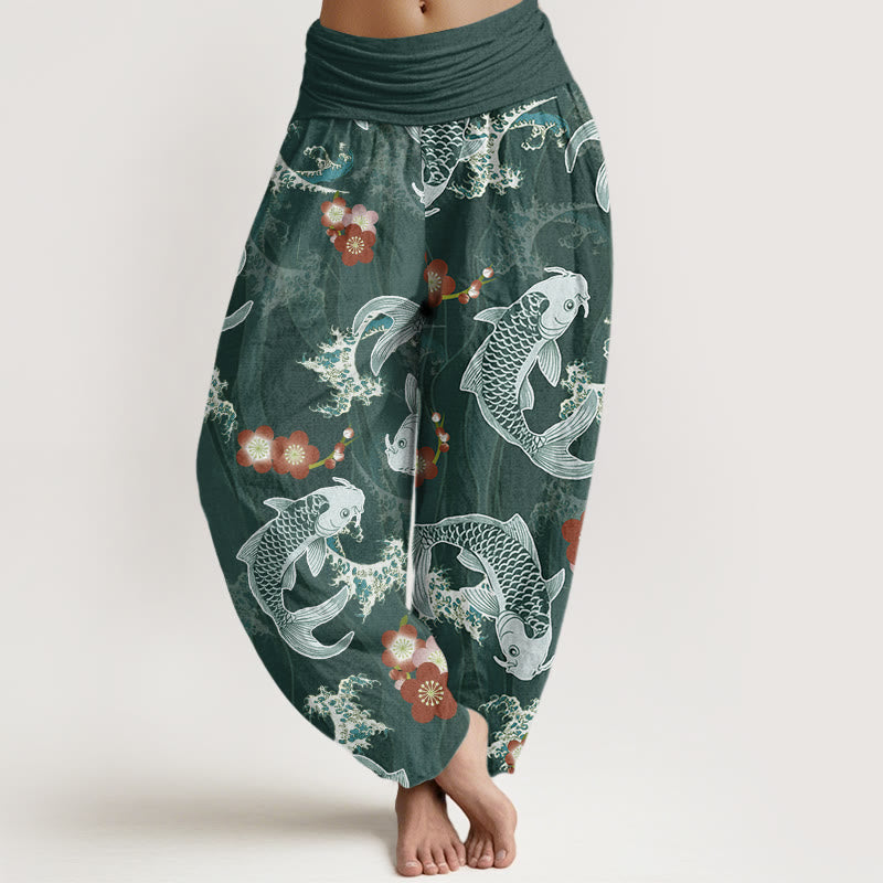 Buddha Stonesカジュアル鯉桜柄レディース伸縮性ウエストハーレムパンツ - ダークシアン - US22、 UK/AU26、 EU54 (6XL) - image 1
