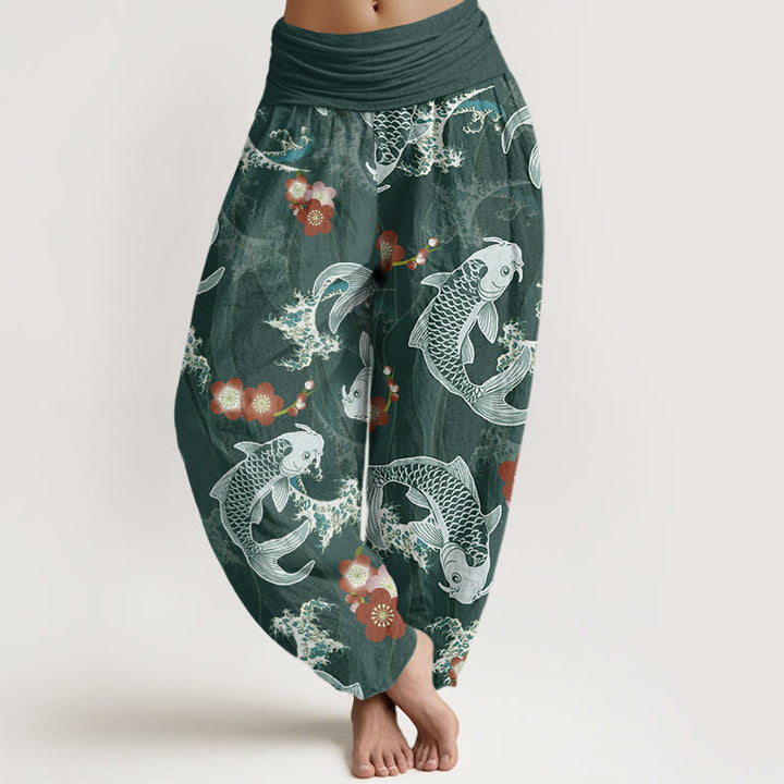 Buddha Stonesカジュアル鯉桜柄レディース伸縮性ウエストハーレムパンツ - ダークシアン - US22、 UK/AU26、 EU54 (6XL) - image 1
