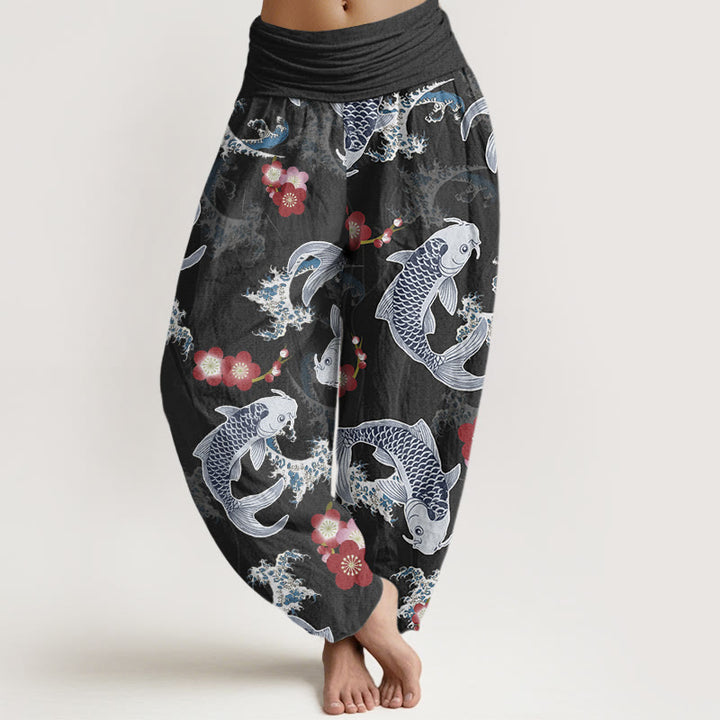 Buddha Stonesカジュアル鯉桜柄レディース伸縮性ウエストハーレムパンツ - 黒 - US22、 UK/AU26、 EU54 (6XL) - image 5