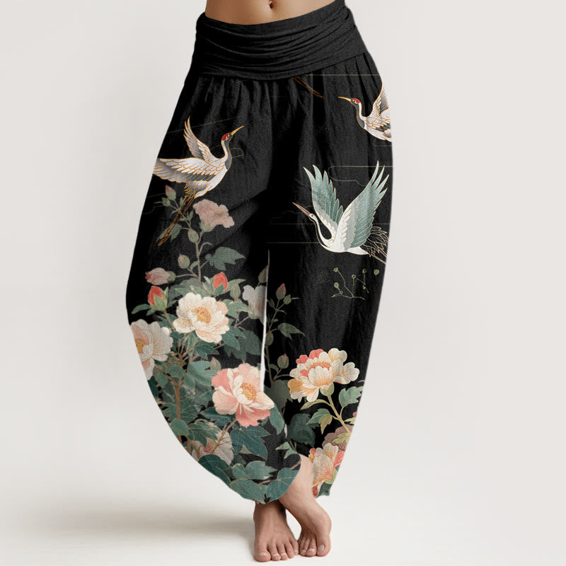 Buddha Stonesカジュアル鶴牡丹柄レディース伸縮性ウエストハーレムパンツ - 黒 - US22、 UK/AU26、 EU54 (6XL) - image 1