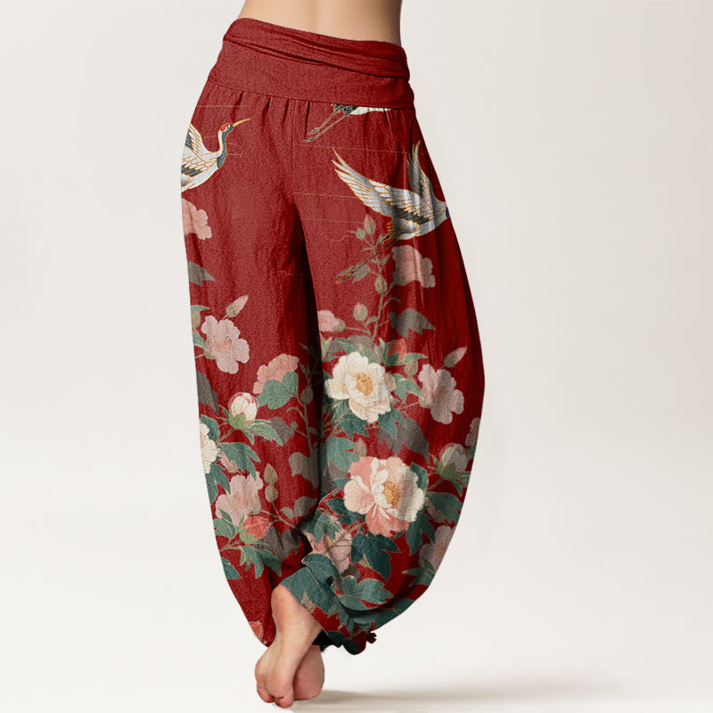 Buddha Stonesカジュアル鶴牡丹柄レディース伸縮性ウエストハーレムパンツ - image 10