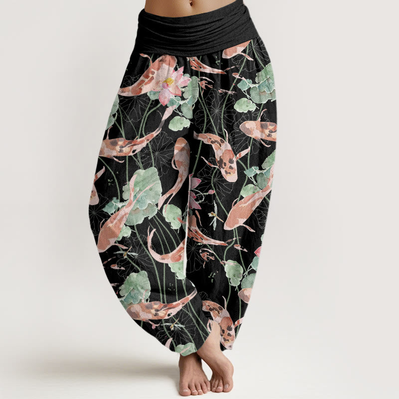 Buddha Stonesカジュアル 鯉 蓮柄 レディース 伸縮性ウエスト ハーレムパンツ - 黒 - US22、 UK/AU26、 EU54 (6XL) - image 5
