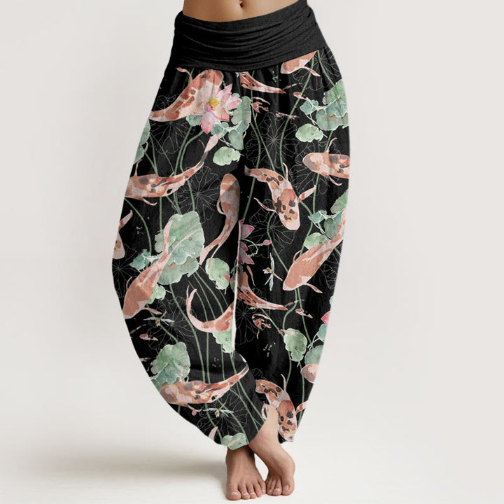 Buddha Stonesカジュアル 鯉 蓮柄 レディース 伸縮性ウエスト ハーレムパンツ - 黒 - US22、 UK/AU26、 EU54 (6XL) - image 5