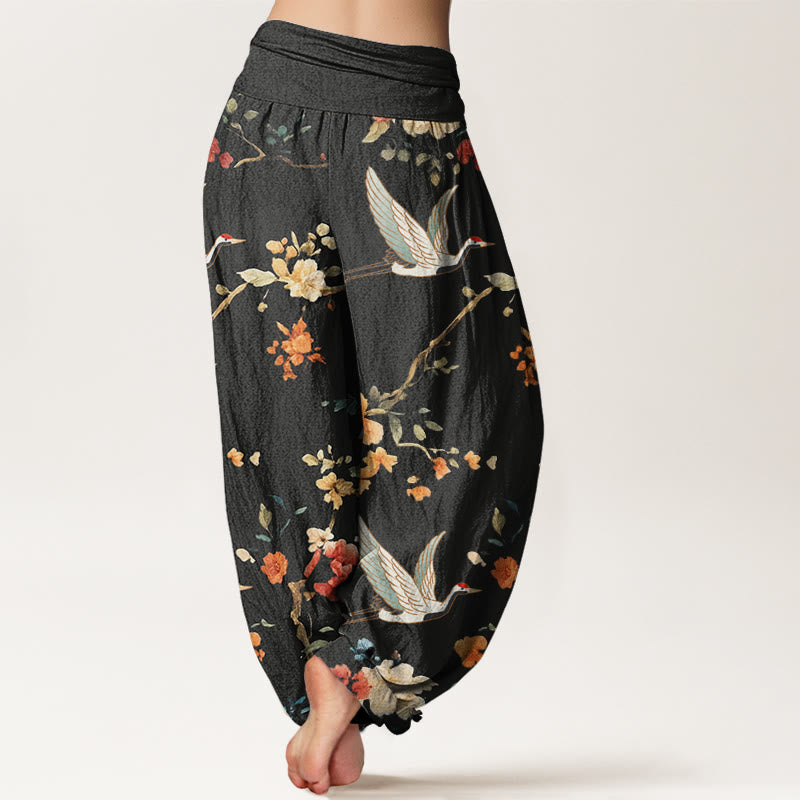 Buddha Stonesカジュアル 鶴 花 枝柄 レディース 伸縮性ウエスト ハーレムパンツ - image 3