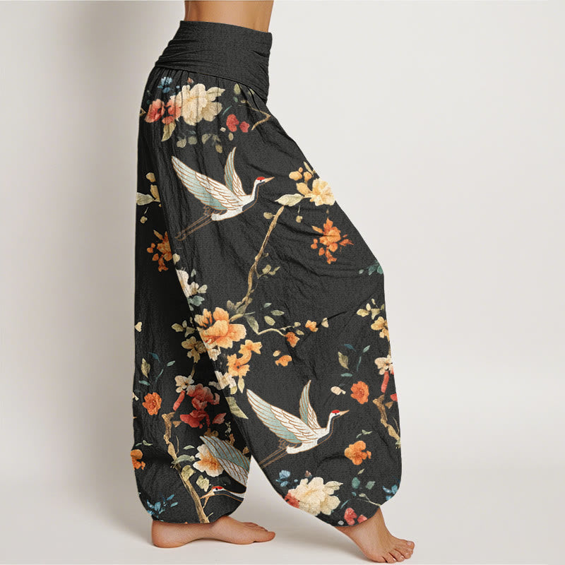 Buddha Stonesカジュアル 鶴 花 枝柄 レディース 伸縮性ウエスト ハーレムパンツ - image 2