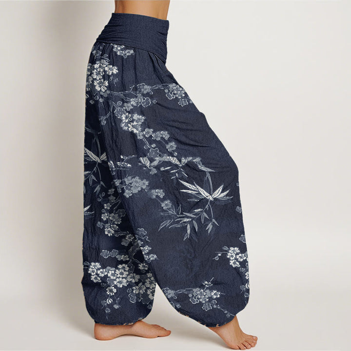Buddha Stones純綿 ホワイト 桜柄 レディース ウエストゴム ハーレムパンツ