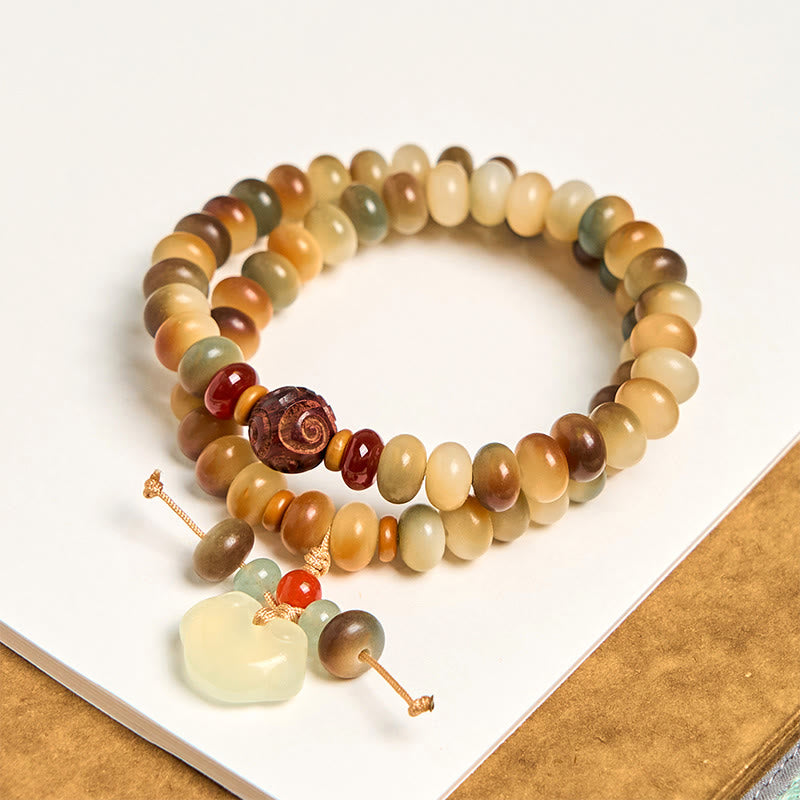 Buddha Stonesカラフルな菩提樹の種 平和の鍵チャーム 知恵のそろばんビーズ ダブルラップブレスレット