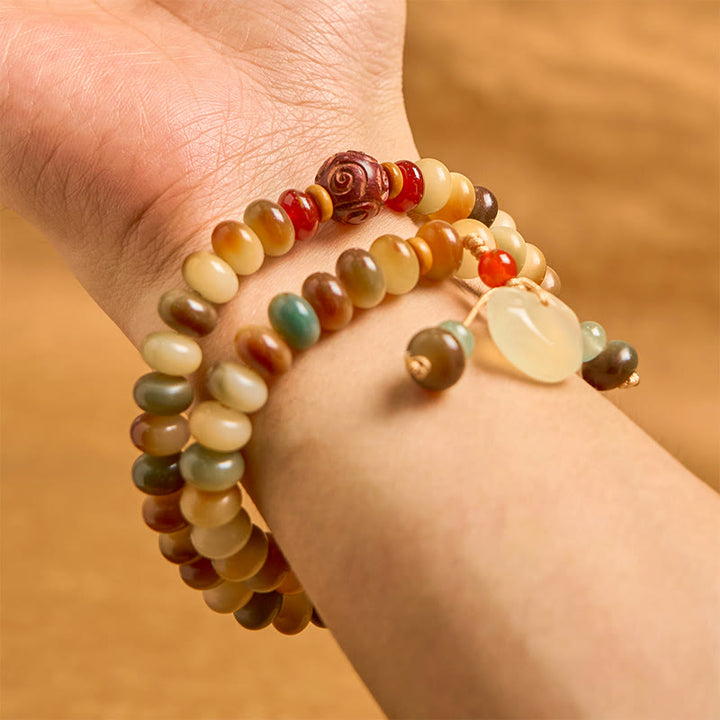 Buddha Stonesカラフルな菩提樹の種 平和の鍵チャーム 知恵のそろばんビーズ ダブルラップブレスレット