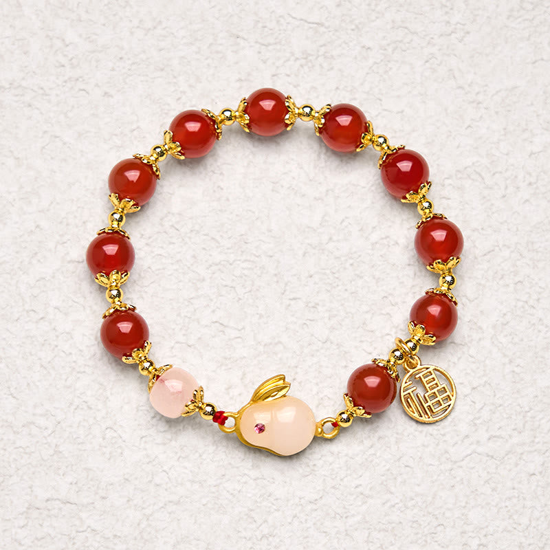 Buddha Stones赤瑪瑙 玉髄 うさぎの福 キャラクター 自信ブレスレット