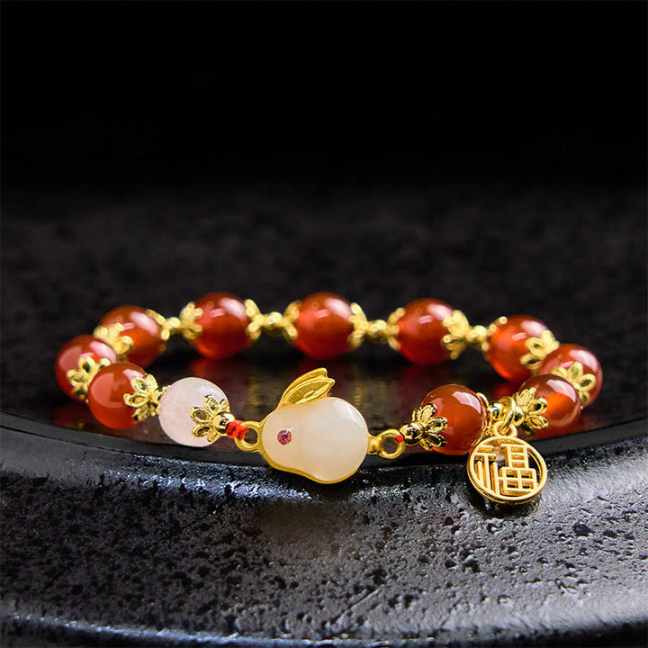Buddha Stones赤瑪瑙 玉髄 うさぎの福 キャラクター 自信ブレスレット