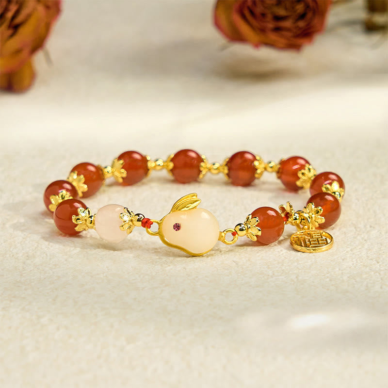 Buddha Stones赤瑪瑙 玉髄 うさぎの福 キャラクター 自信ブレスレット