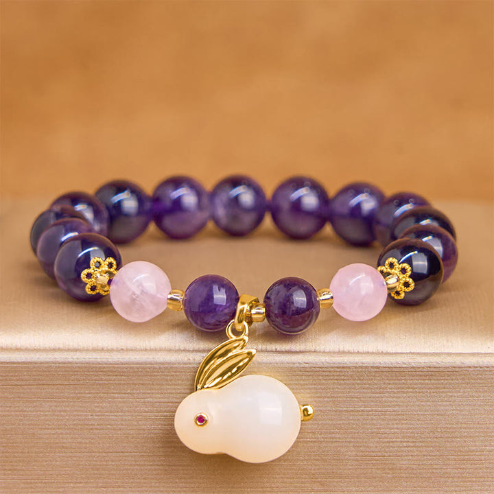 Buddha Stones天然アメジストウサギビーズ内なる平和ブレスレット