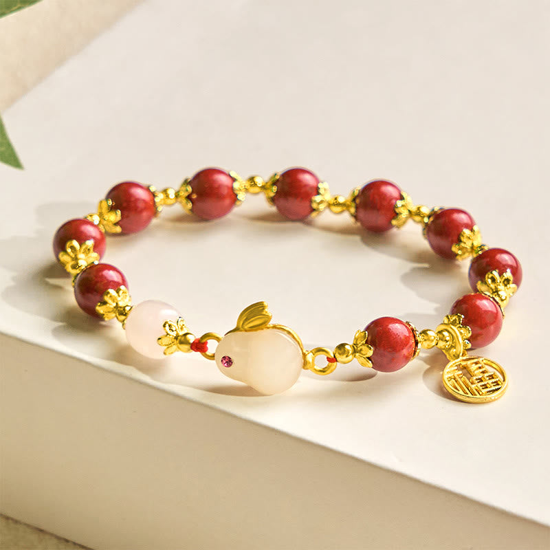 Buddha Stones辰砂 かわいいウサギ バニーフー キャラクター チャーム 祝福ブレスレット