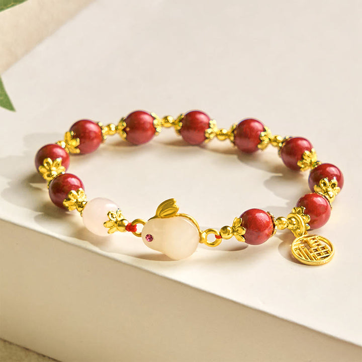 Buddha Stones辰砂 かわいいウサギ バニーフー キャラクター チャーム 祝福ブレスレット