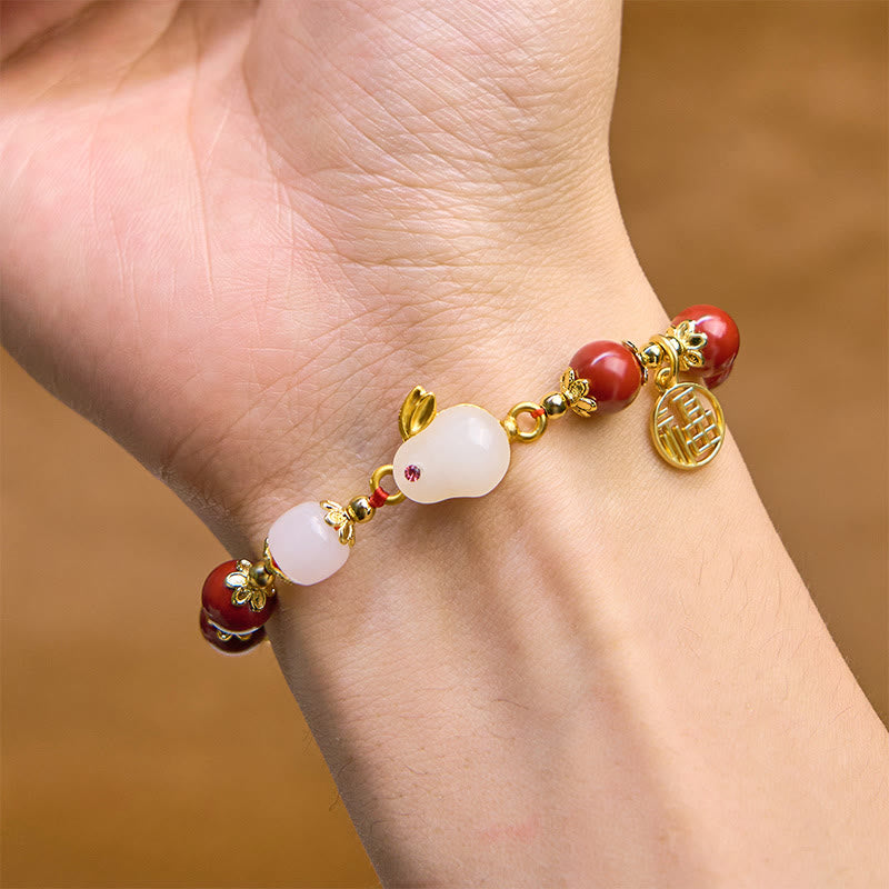 Buddha Stones辰砂 かわいいウサギ バニーフー キャラクター チャーム 祝福ブレスレット
