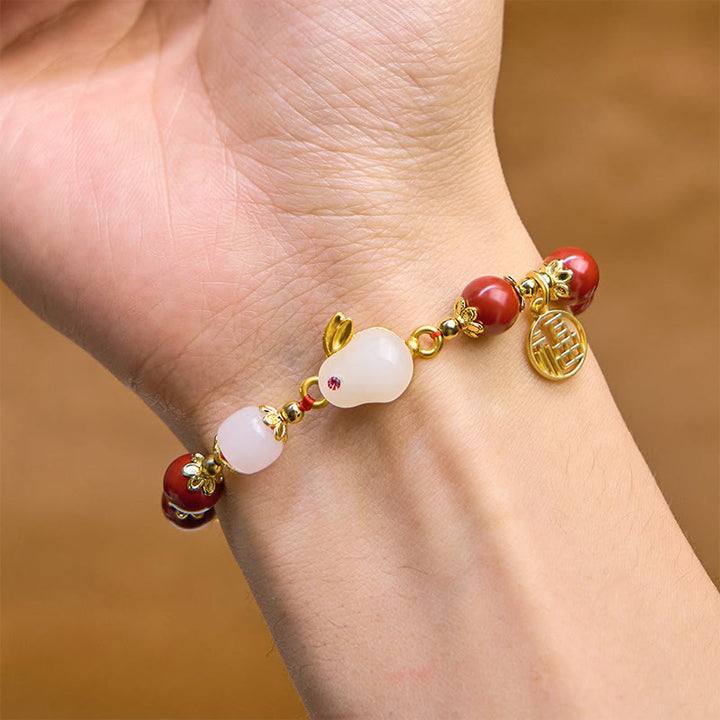 Buddha Stones辰砂 かわいいウサギ バニーフー キャラクター チャーム 祝福ブレスレット