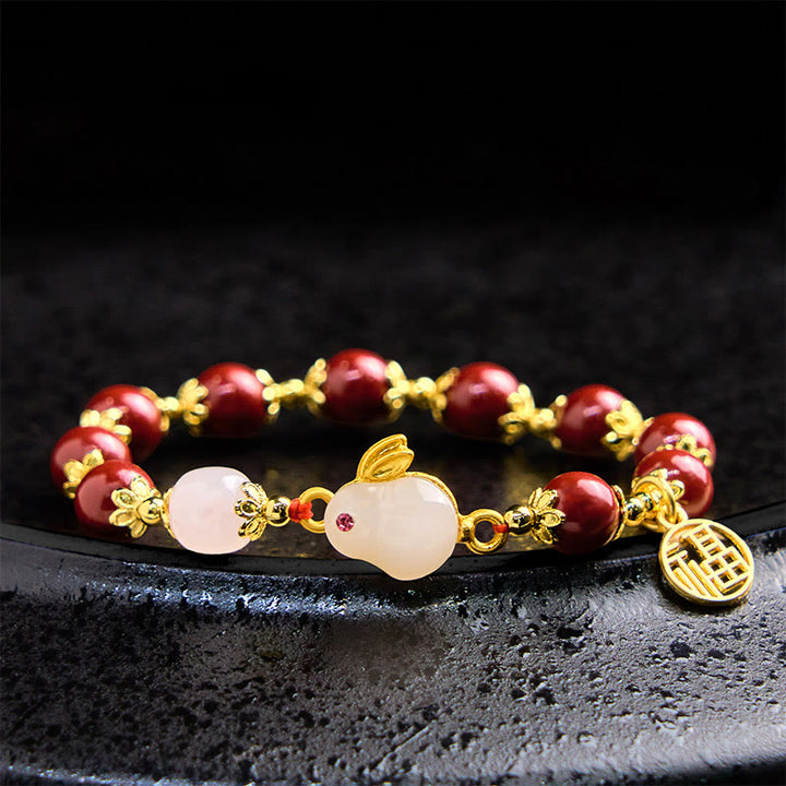 Buddha Stones辰砂 かわいいウサギ バニーフー キャラクター チャーム 祝福ブレスレット