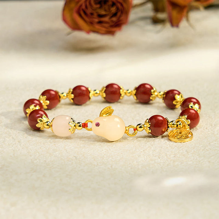 Buddha Stones辰砂 かわいいウサギ バニーフー キャラクター チャーム 祝福ブレスレット