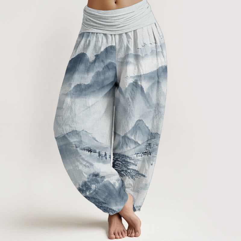 Buddha Stones純綿 山 木 風景 水墨画 レディース 伸縮性ウエスト ハーレムパンツ - ライトブルー - US22、 UK/AU26、 EU54 (6XL) - image 5