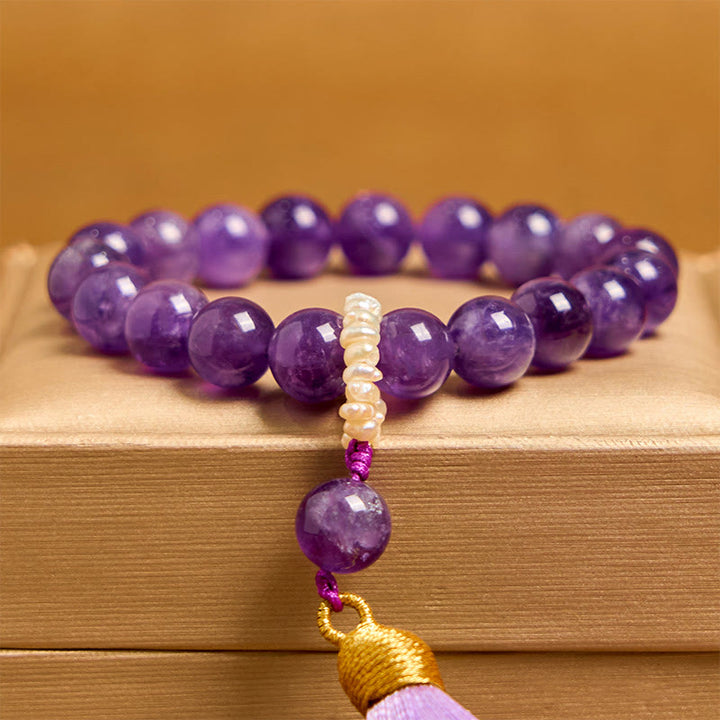 Buddha Stones天然アメジストビーズ 瞑想用タッセルブレスレット