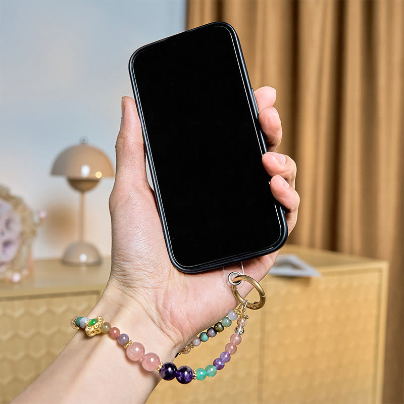Buddha Stones天然トルマリン ストロベリークォーツ アメジスト ポジティブキーチェーン 携帯電話用吊り下げ装飾