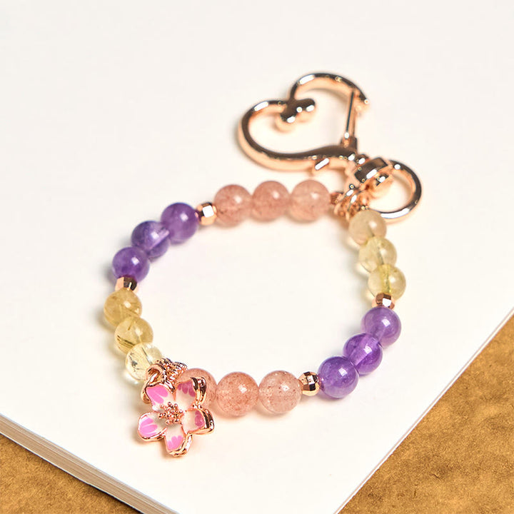 Buddha Stones天然 ストロベリークォーツ アメジスト シトリン ラブフラワー チャーム キーチェーン 吊り下げ装飾