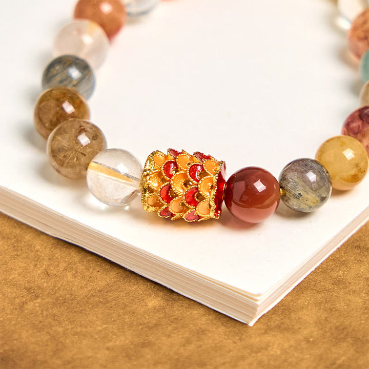 Buddha Stones天然カラフルルチルクォーツ陰陽守護ブレスレット