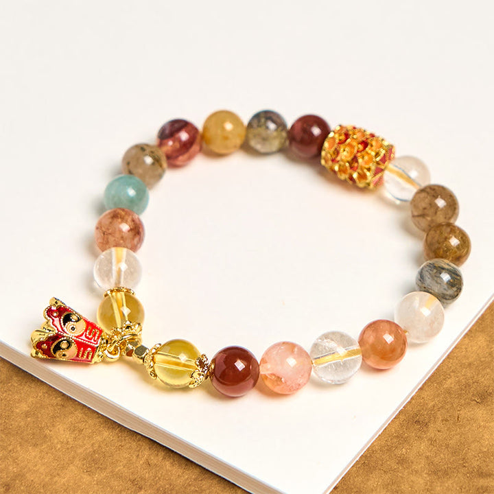 Buddha Stones天然カラフルルチルクォーツ陰陽守護ブレスレット