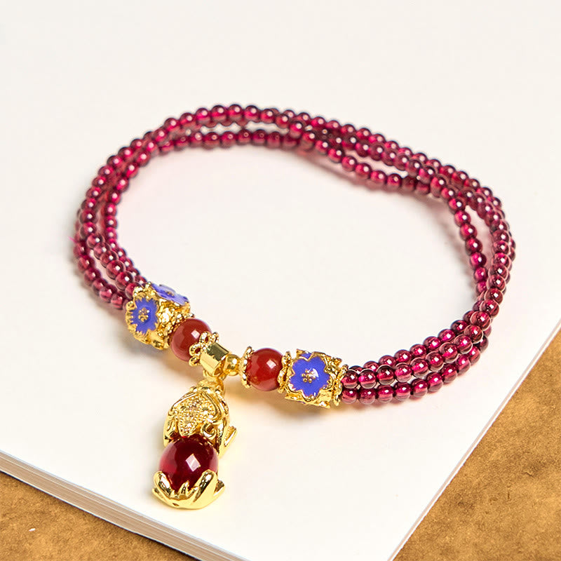 天然石 3mmガーネットビーズ 貔貅 花 浄化 多層 ブレスレットBuddha Stones