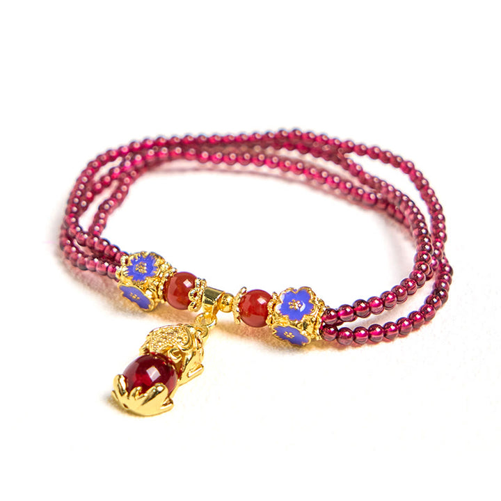 天然石 3mmガーネットビーズ 貔貅 花 浄化 多層 ブレスレットBuddha Stones