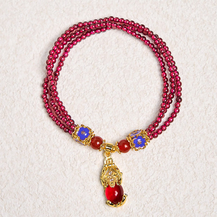 天然石 3mmガーネットビーズ 貔貅 花 浄化 多層 ブレスレットBuddha Stones
