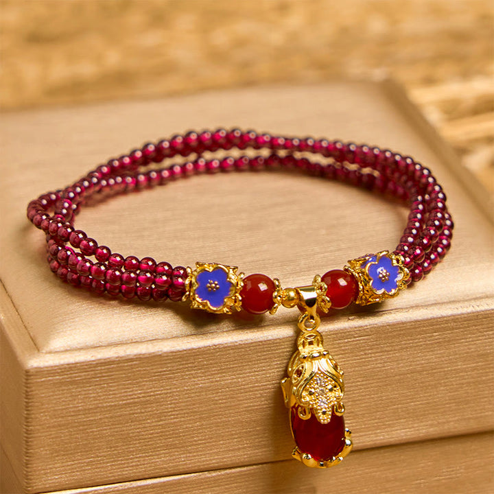 天然石 3mmガーネットビーズ 貔貅 花 浄化 多層 ブレスレットBuddha Stones