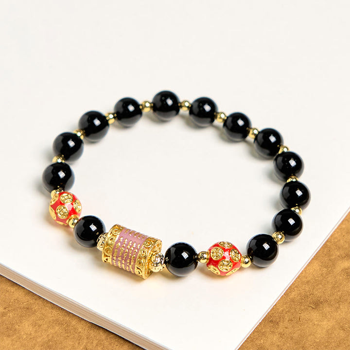 Buddha Stones天然ブラックオニキス 五経銅貨 幸運のブレスレット