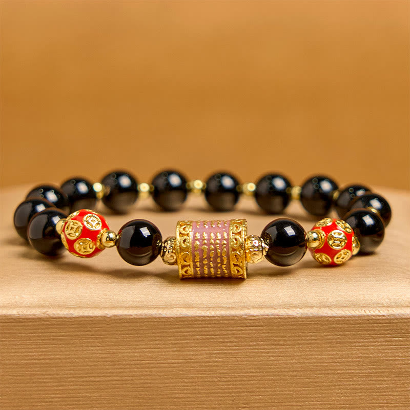 Buddha Stones天然ブラックオニキス 五経銅貨 幸運のブレスレット
