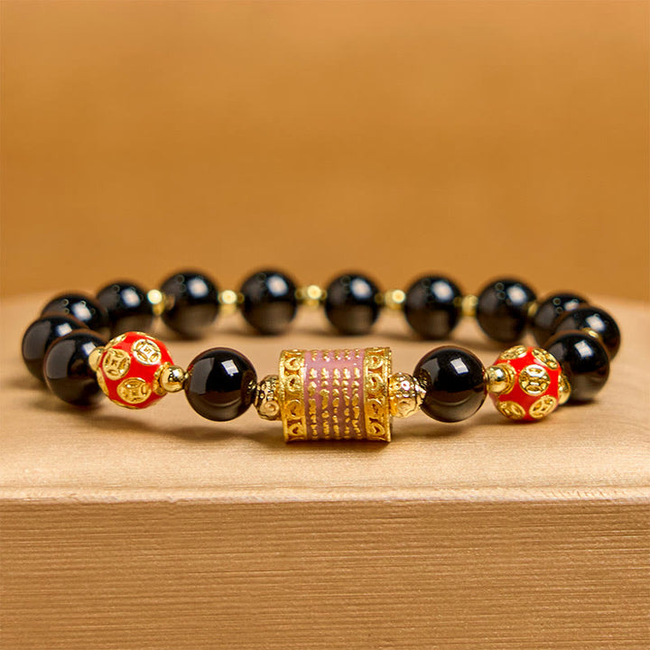 Buddha Stones天然ブラックオニキス 五経銅貨 幸運のブレスレット