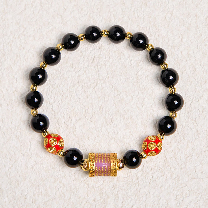 Buddha Stones天然ブラックオニキス 五経銅貨 幸運のブレスレット