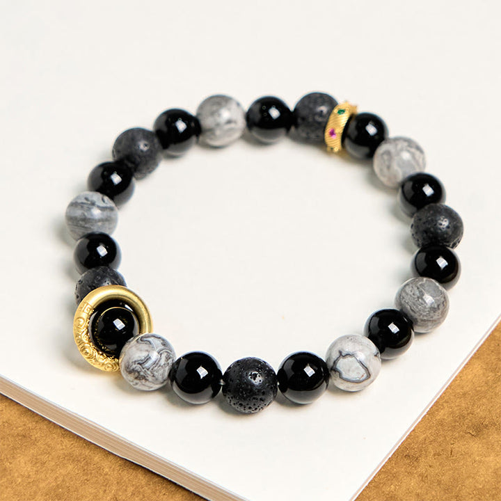 Buddha Stones溶岩石 ブラックオニキス ピカソジャスパー ヒーリングブレスレット
