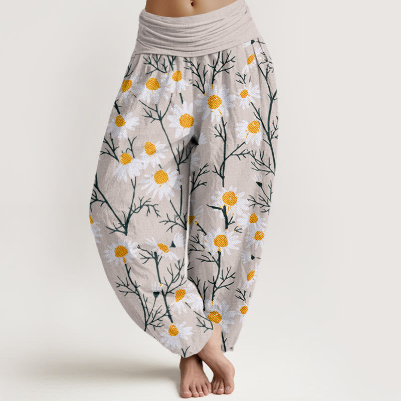 Buddha Stonesコットンホワイト花びらデイジー柄レディース伸縮性ウエストハーレムパンツ - ベージュ - US22、 UK/AU26、 EU54 (6XL) - image 7