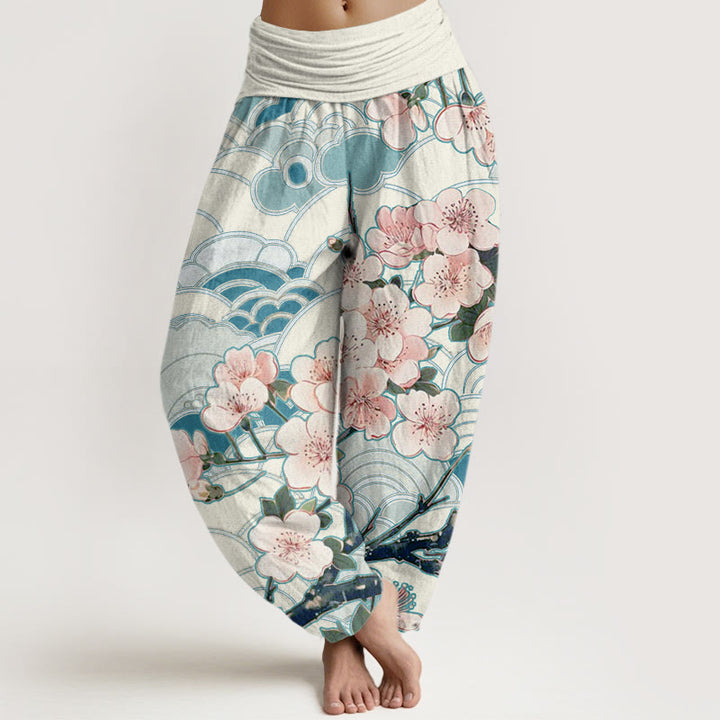 Buddha Stones桜 波模様 レディース 伸縮性ウエスト ハーレムパンツ - ロイヤルブルー - US22、 UK/AU26、 EU54 (6XL) - image 1