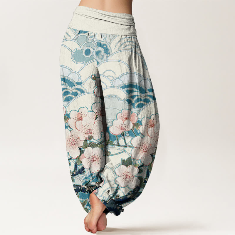 Buddha Stones桜 波模様 レディース 伸縮性ウエスト ハーレムパンツ - image 2