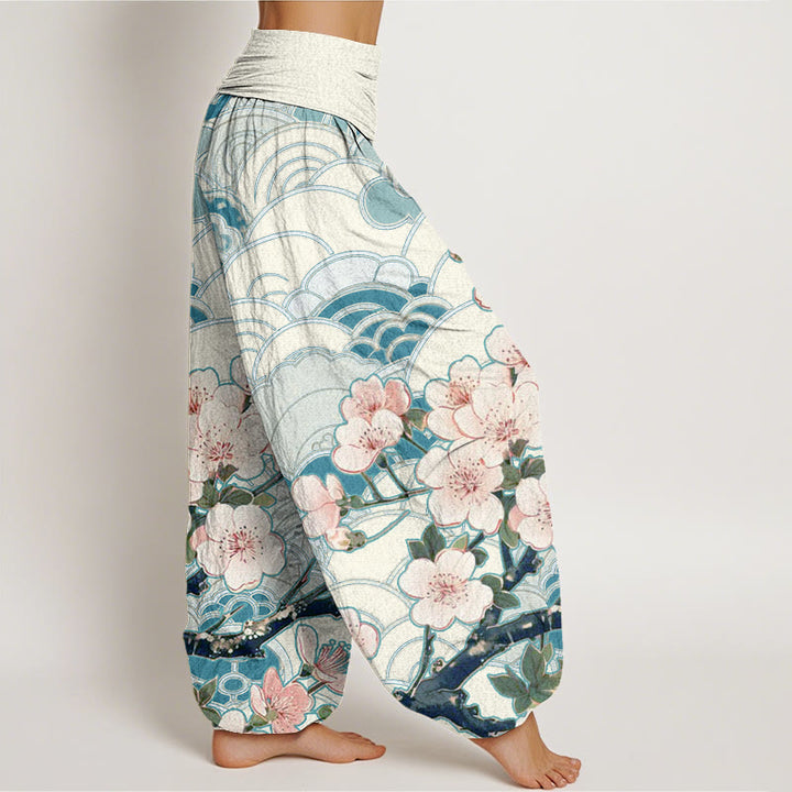 Buddha Stones桜 波模様 レディース 伸縮性ウエスト ハーレムパンツ - image 3