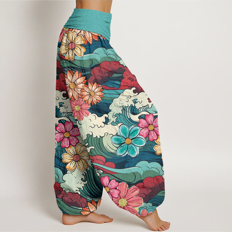 Buddha Stones、カラフルな海の波、様々な花柄、レディース伸縮性ウエストハーレムパンツ - image 3