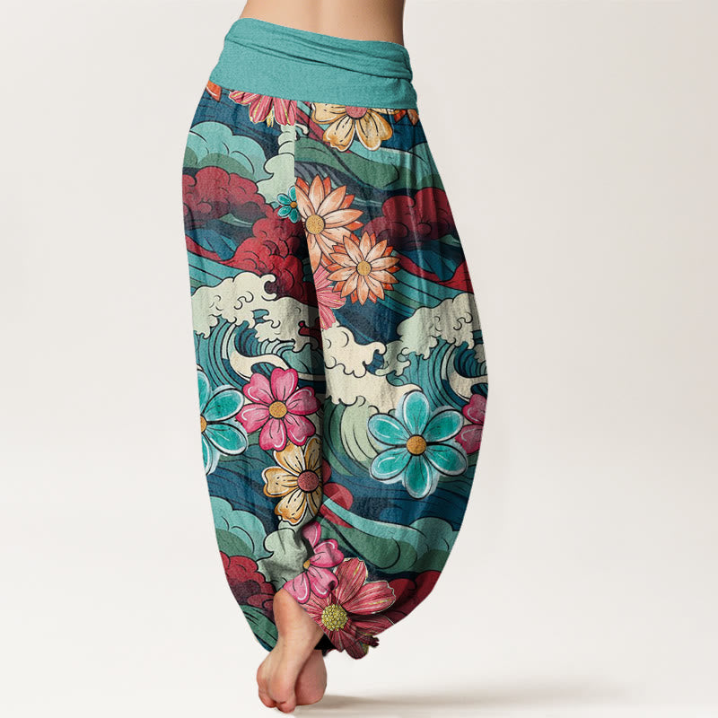 Buddha Stones、カラフルな海の波、様々な花柄、レディース伸縮性ウエストハーレムパンツ - image 2